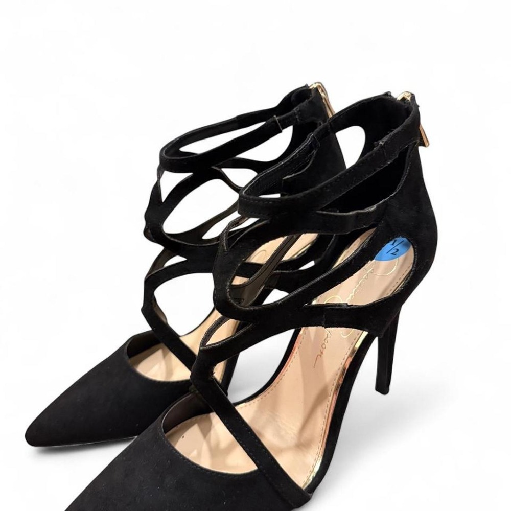 Jessica Simpson Black Strappy Cage Pumps Pointed Toe Stiletto Heels Size 7.5